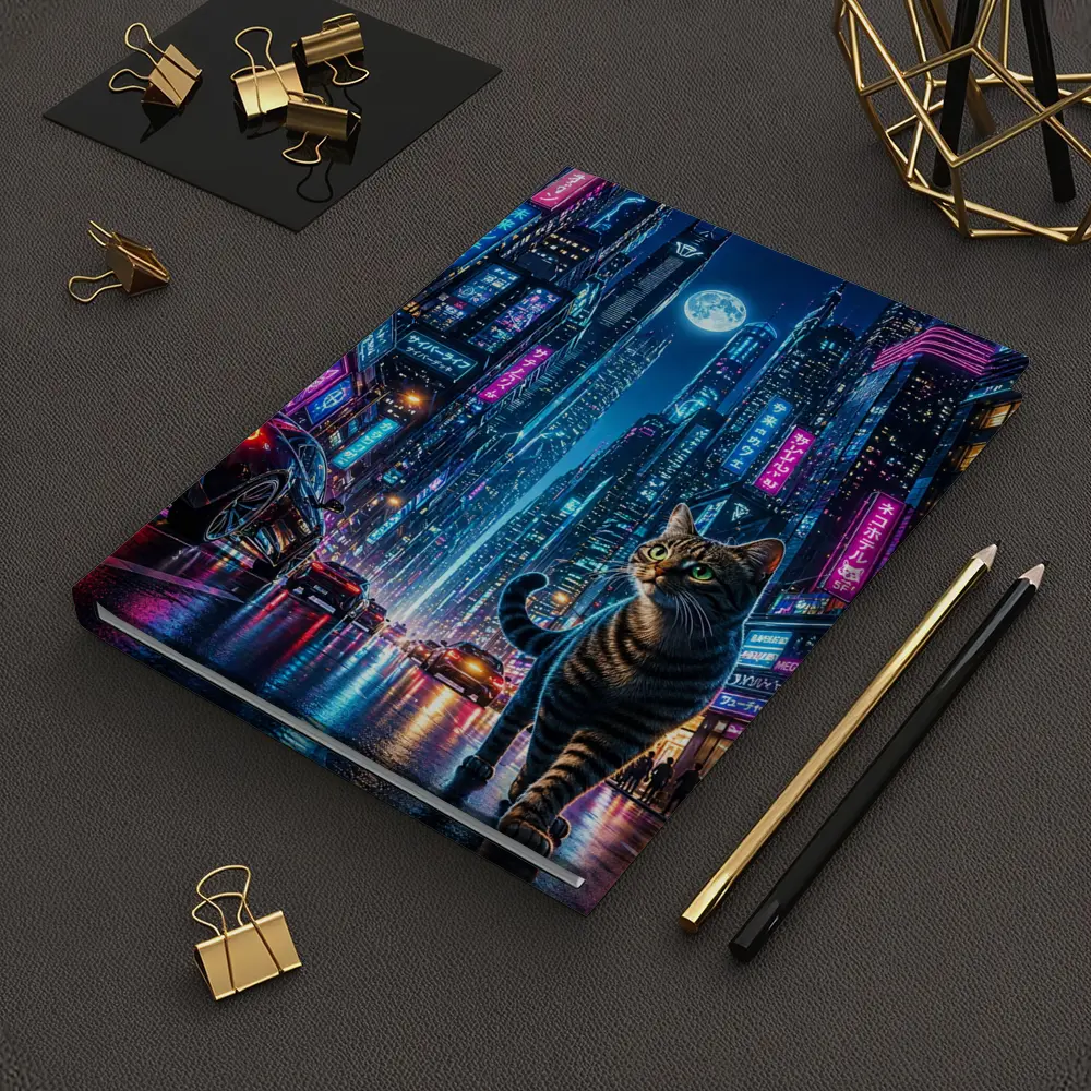 Tabby Cat Neon Cyberpunk City Night – Notebooks