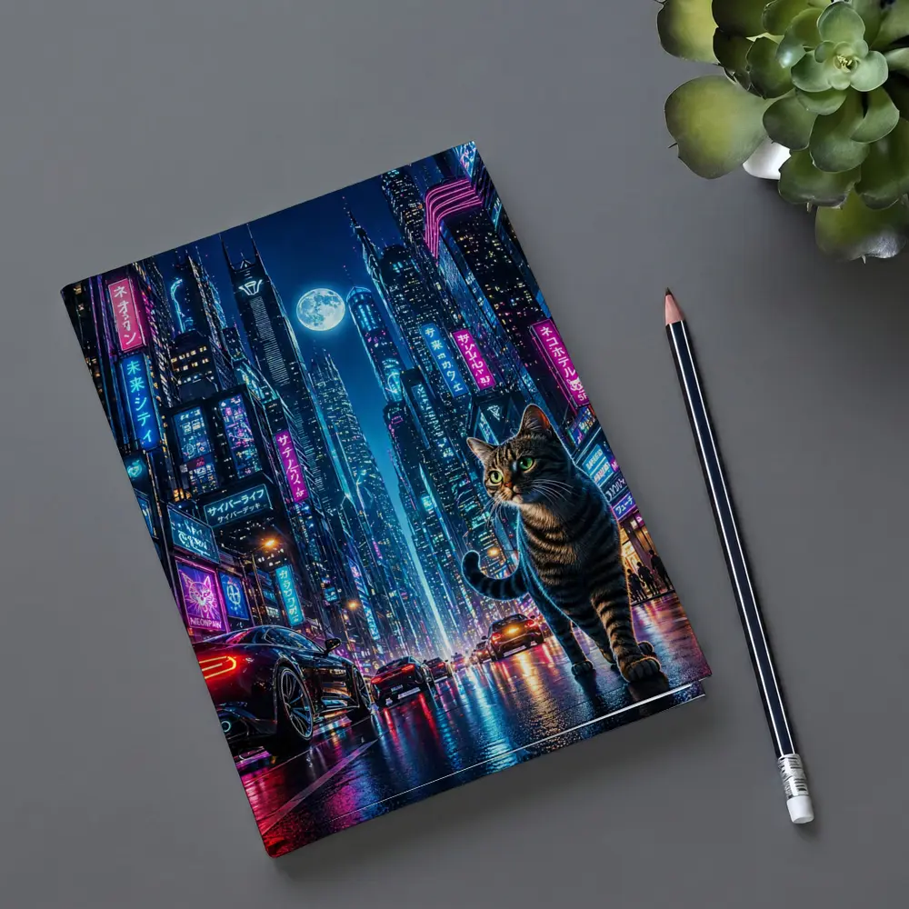 Tabby Cat Neon Cyberpunk City Night – Notebooks