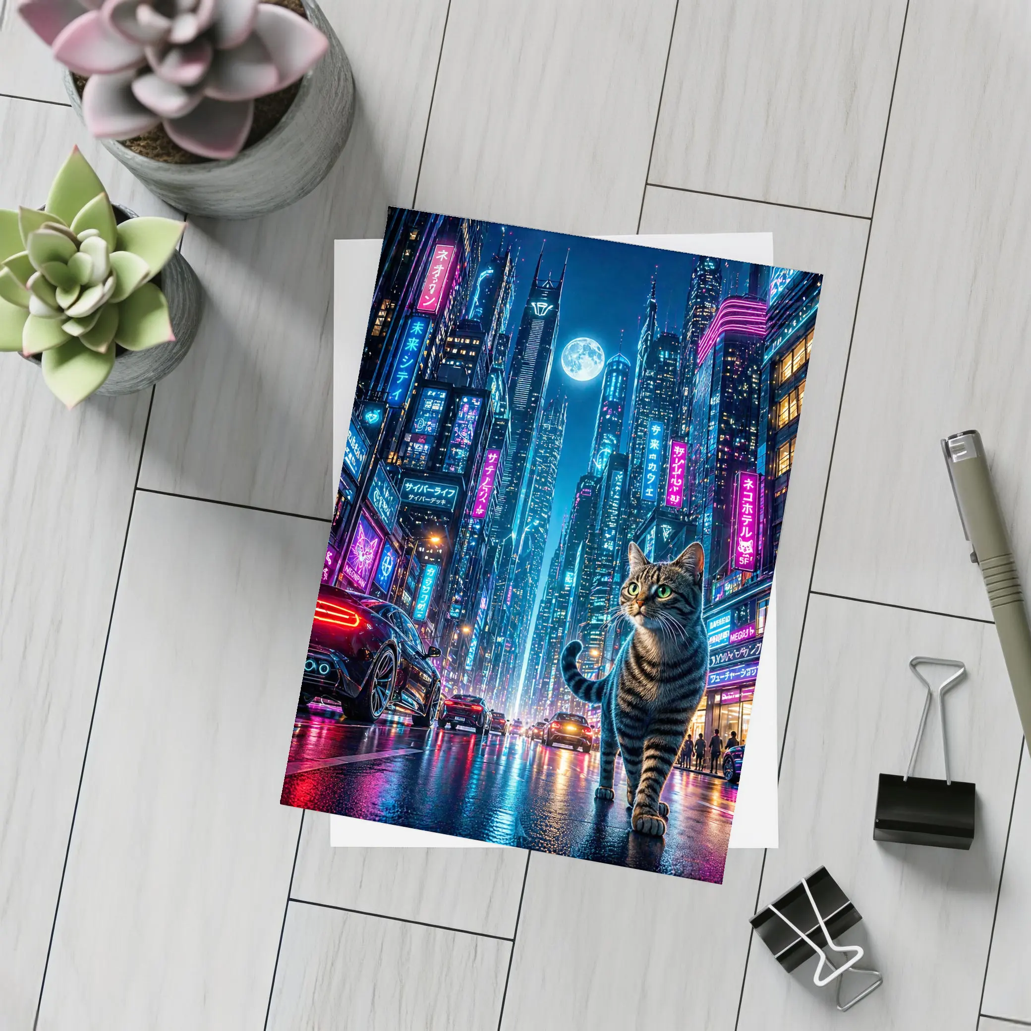 Tabby Cat Neon Cyberpunk City Night – Postcards