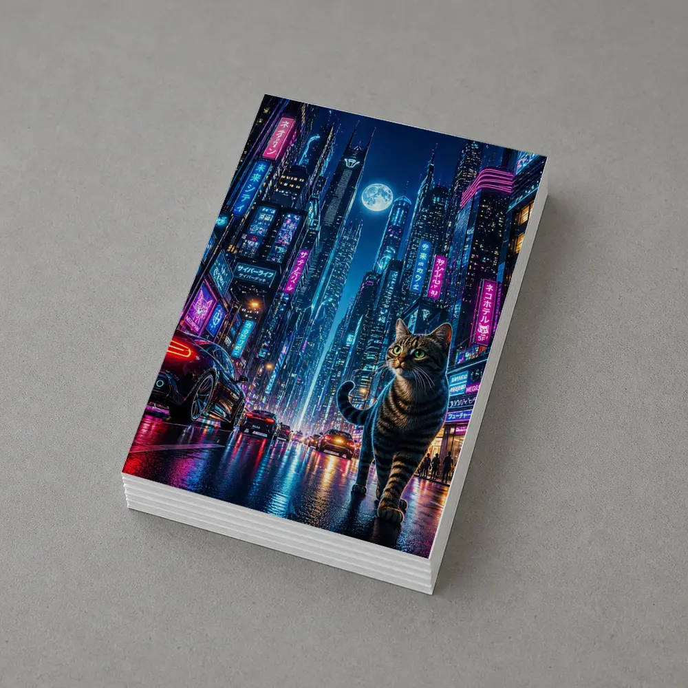 Tabby Cat Neon Cyberpunk City Night – Postcards