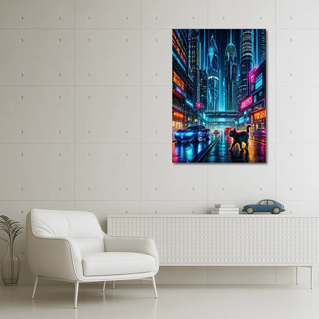 Black Cat Cyberpunk City Neon Night – Wall Art