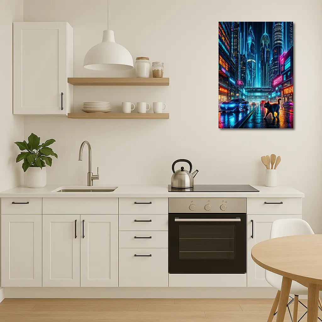 Black Cat Cyberpunk City Neon Night – Wall Art
