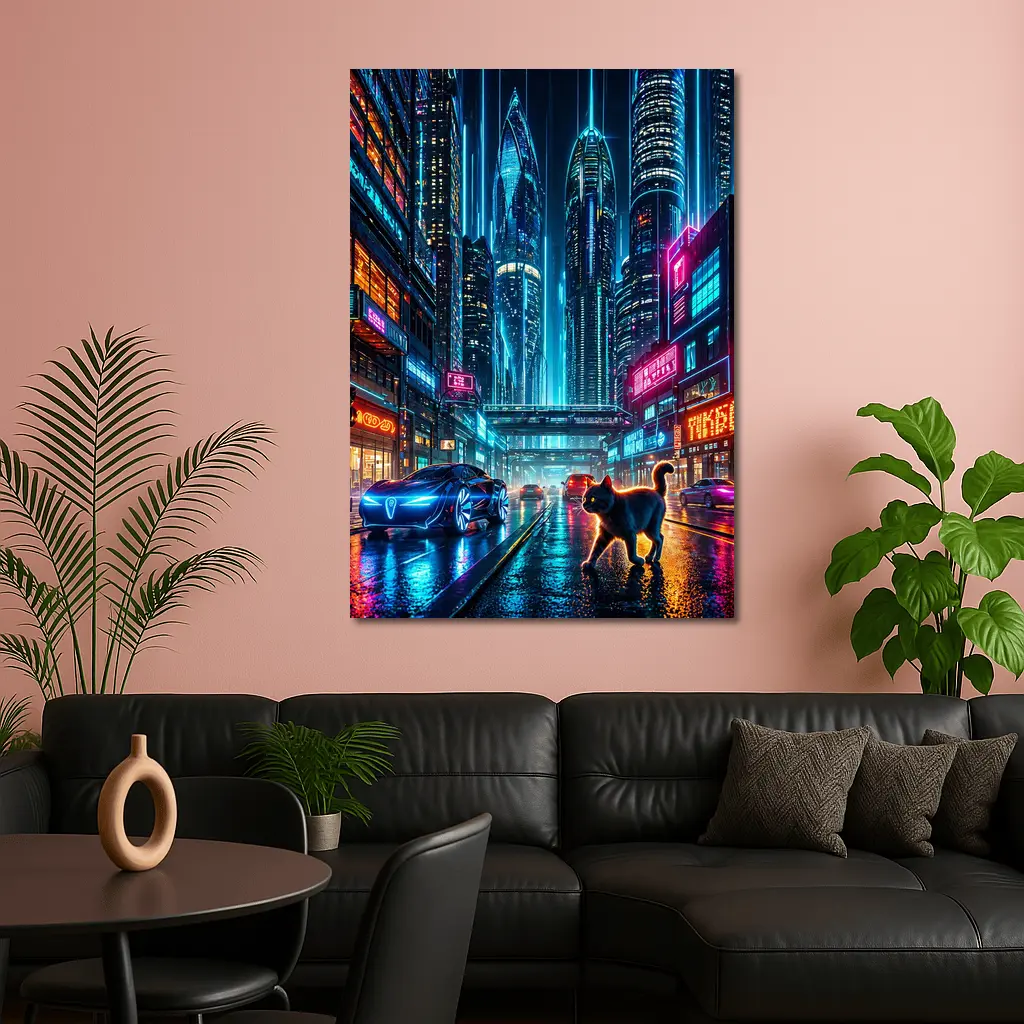 Black Cat Cyberpunk City Neon Night – Wall Art