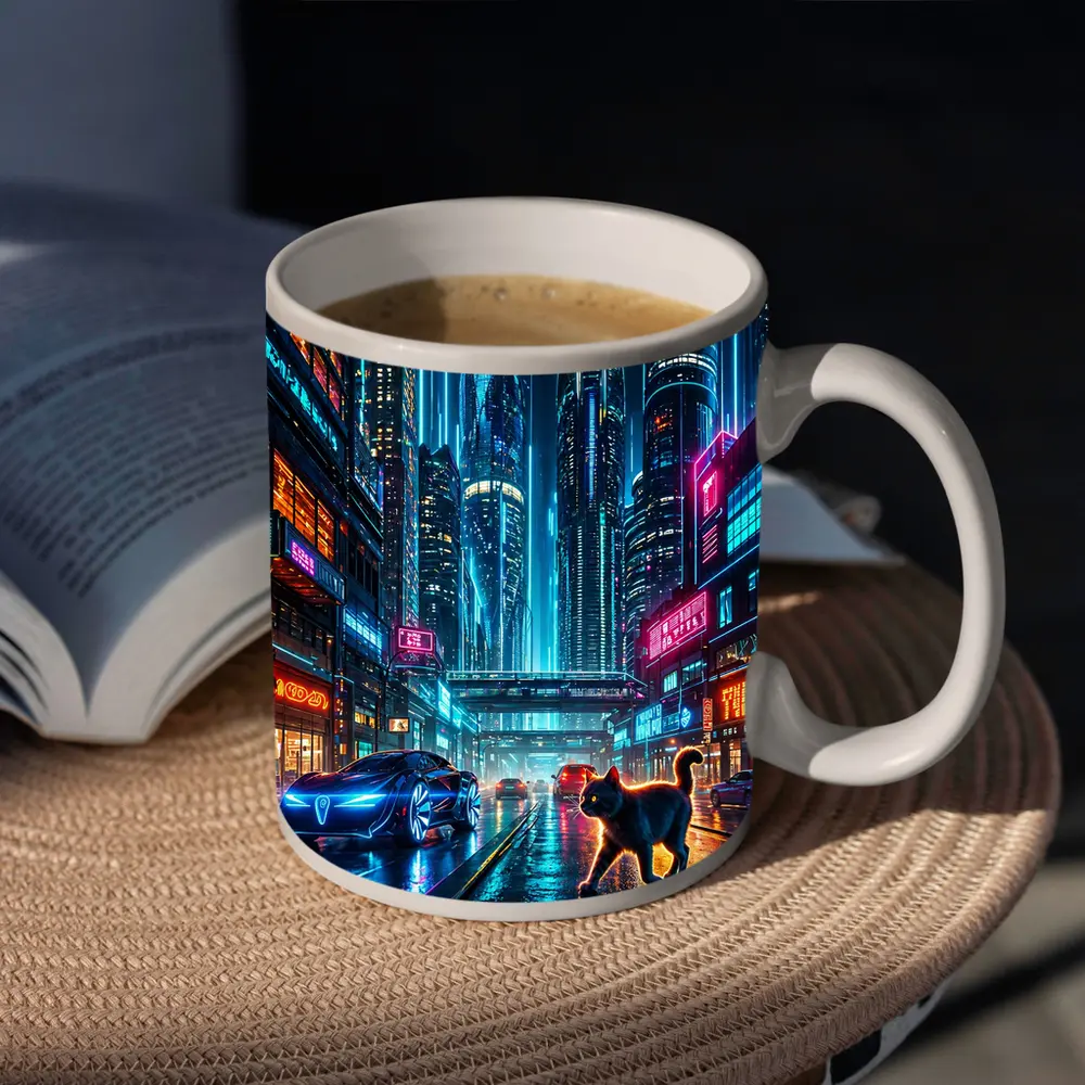 Black Cat Cyberpunk City Neon Night – Mugs