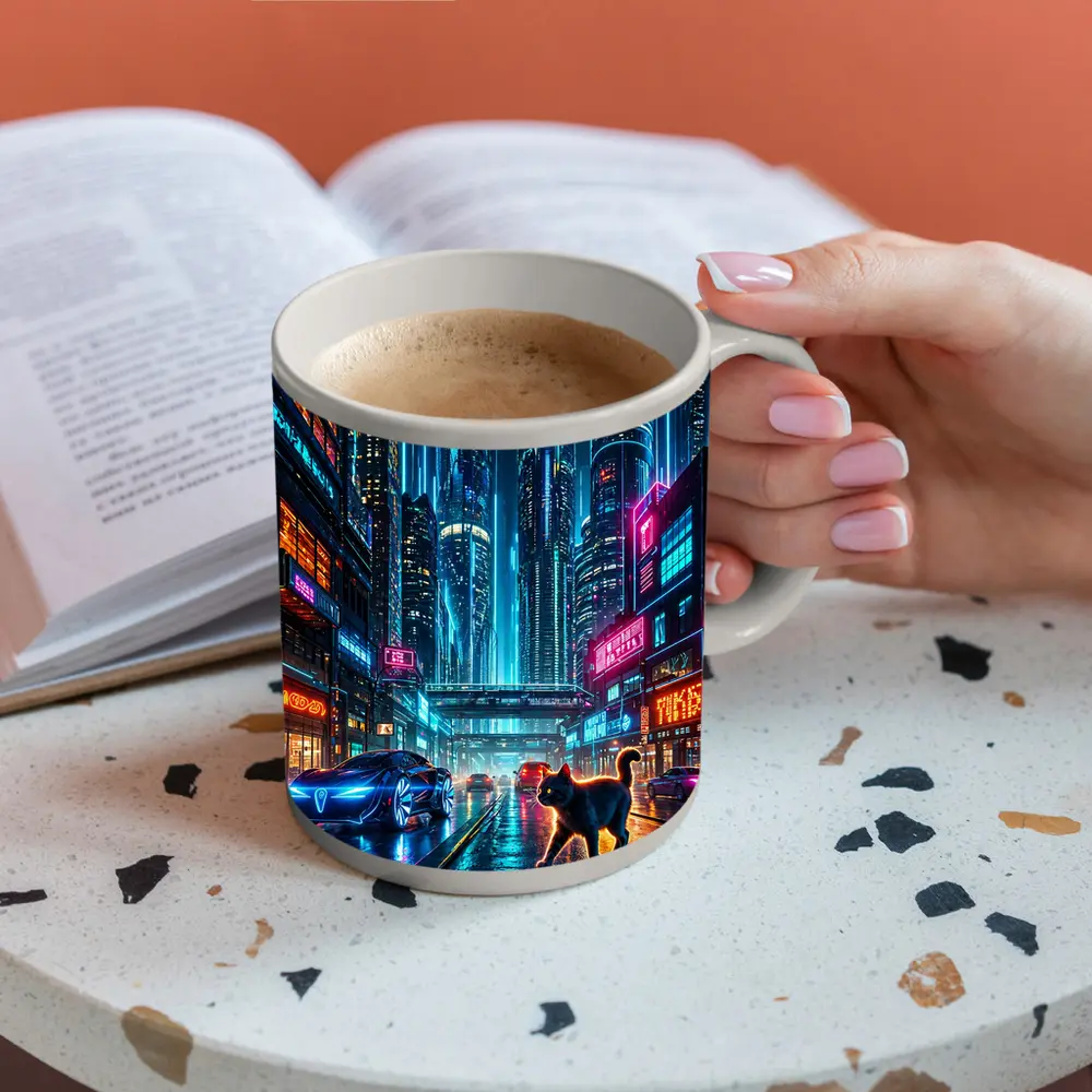 Black Cat Cyberpunk City Neon Night – Mugs