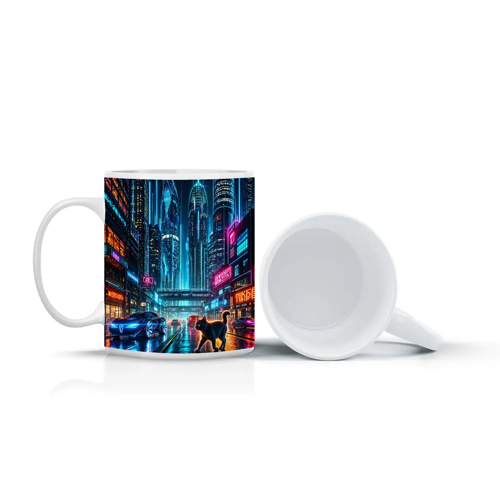 Black Cat Cyberpunk City Neon Night – Mugs