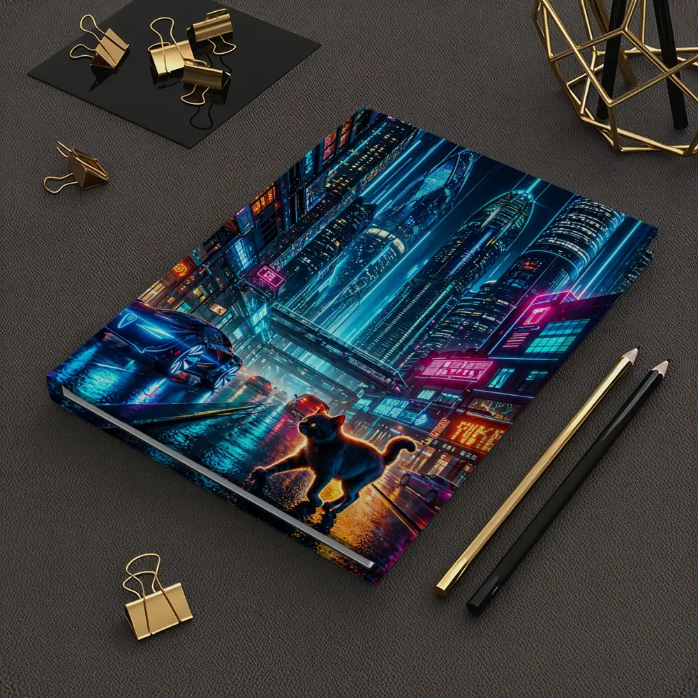 Black Cat Cyberpunk City Neon Night – Notebooks