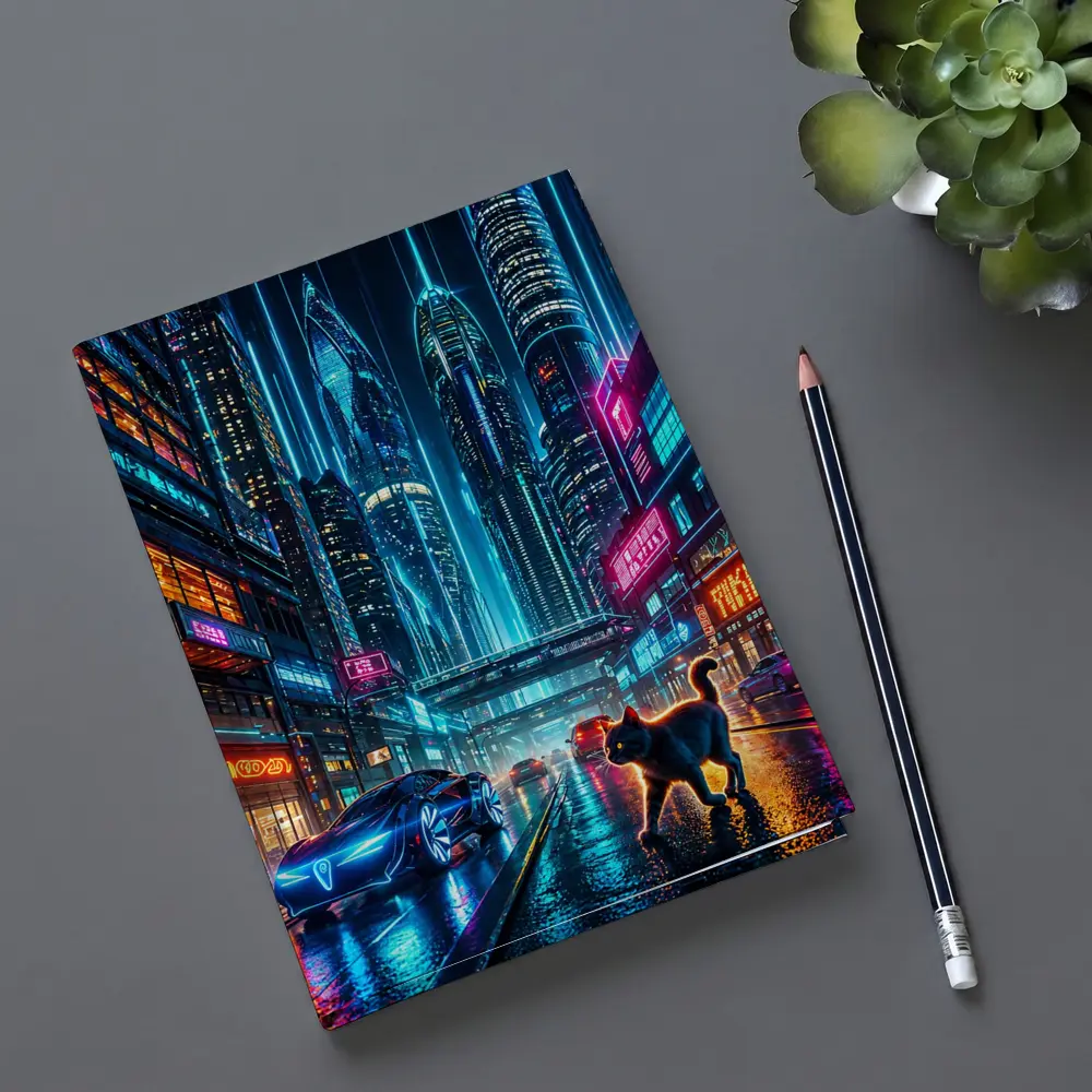 Black Cat Cyberpunk City Neon Night – Notebooks