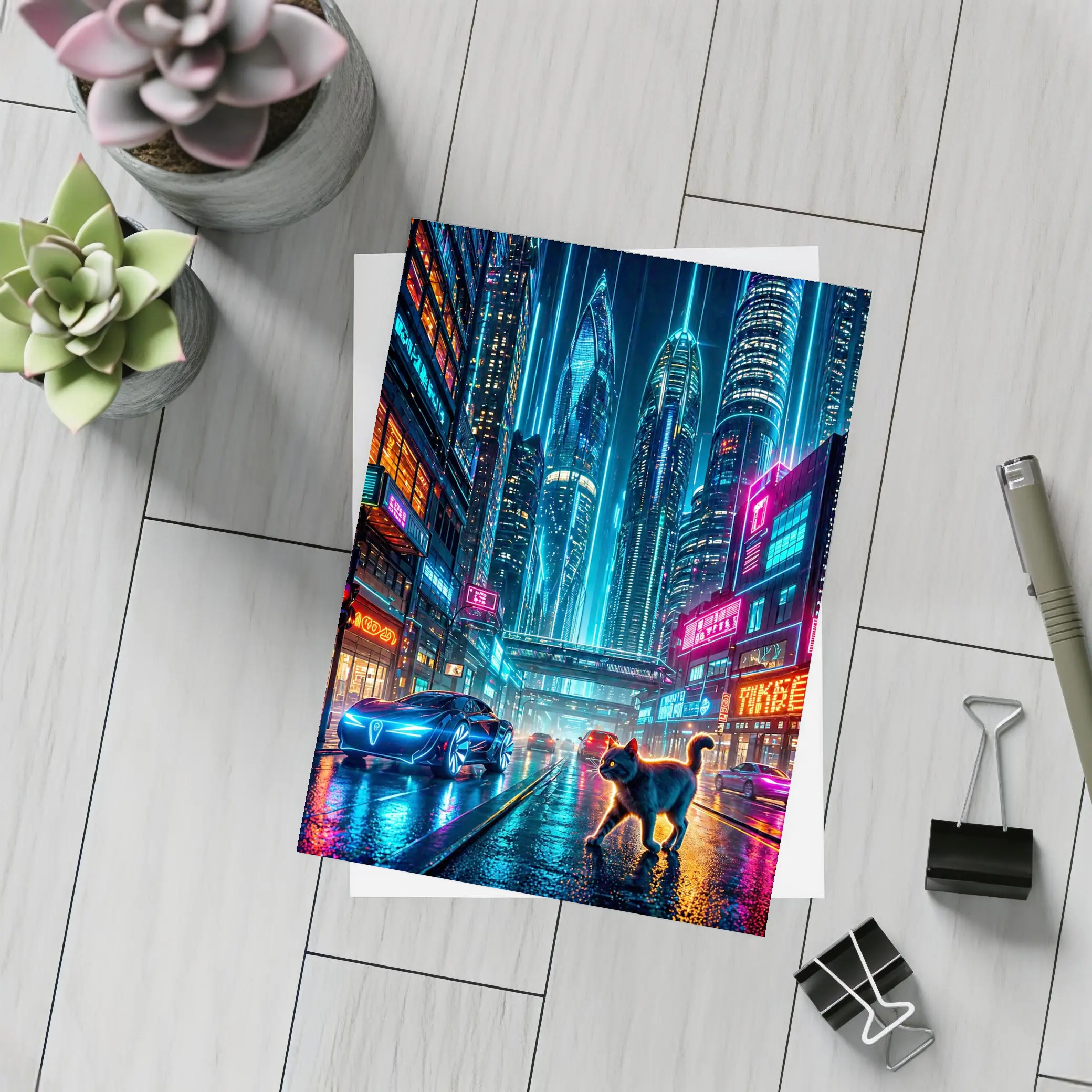 Black Cat Cyberpunk City Neon Night – Postcards