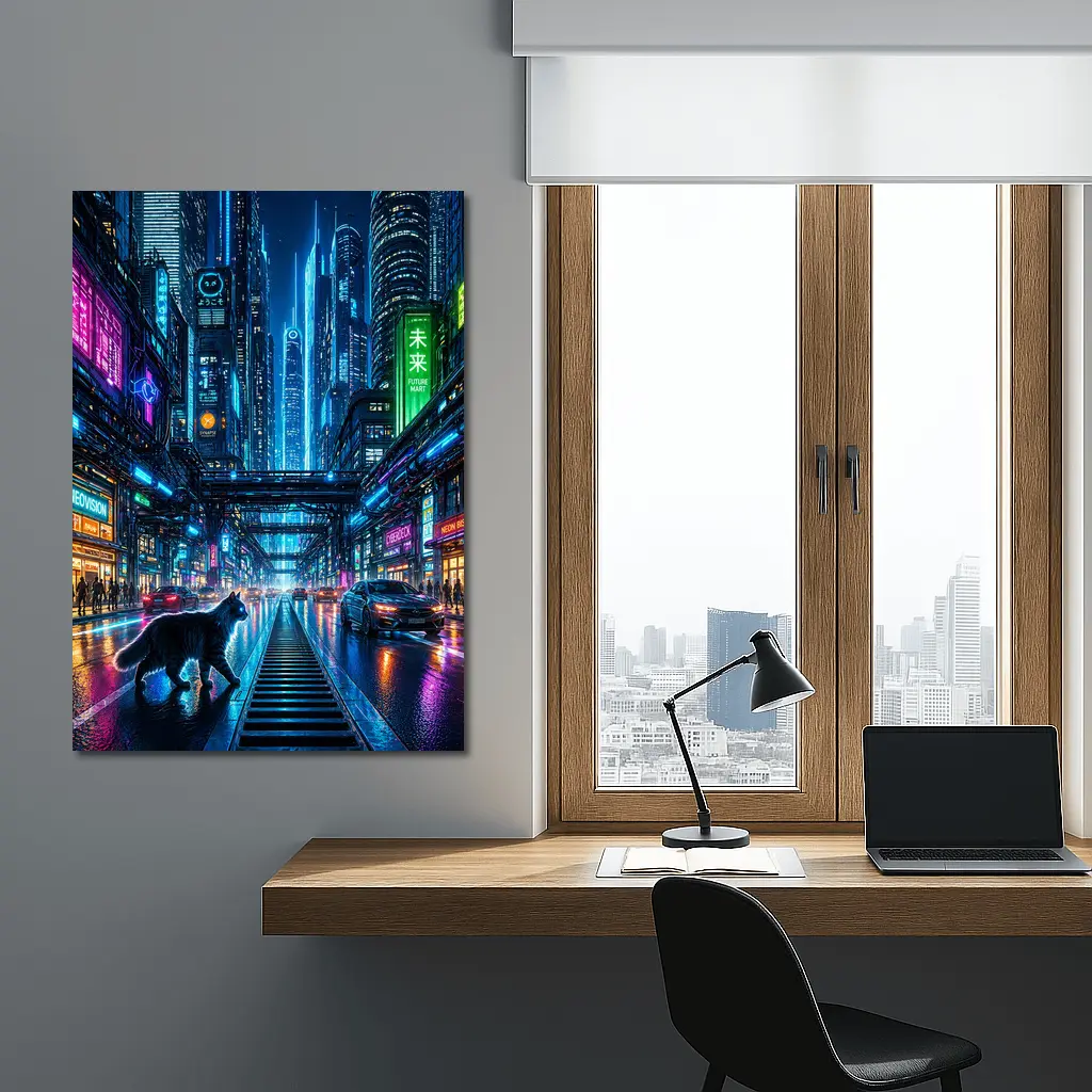 Black Cat Neon Cyberpunk City Street – Wall Art
