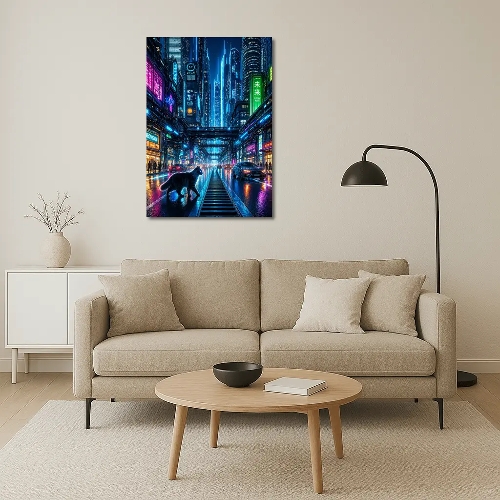 Black Cat Neon Cyberpunk City Street – Wall Art