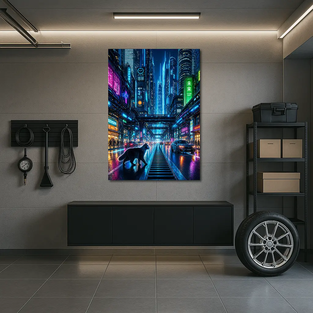 Black Cat Neon Cyberpunk City Street – Wall Art