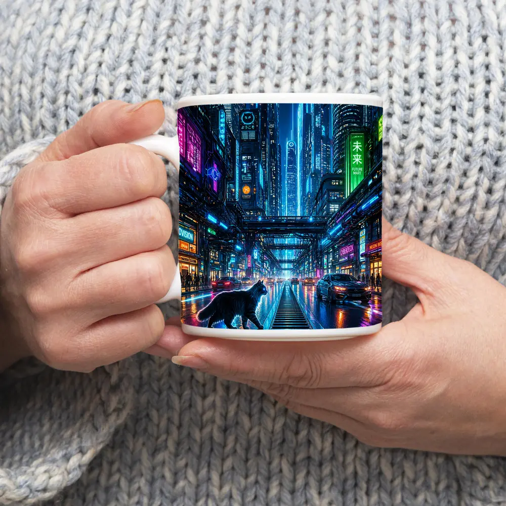 Black Cat Neon Cyberpunk City Street – Mugs