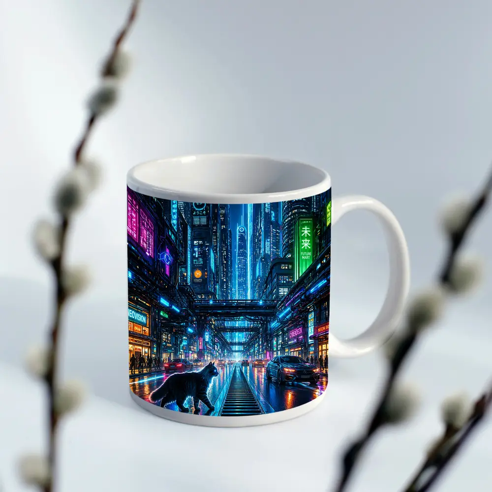 Black Cat Neon Cyberpunk City Street – Mugs