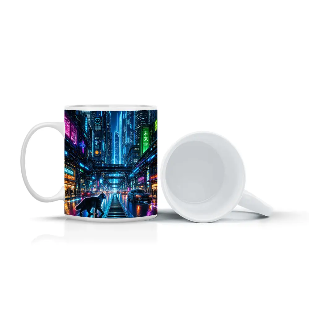 Black Cat Neon Cyberpunk City Street – Mugs