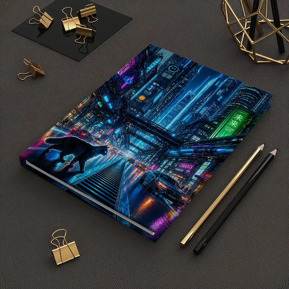 Black Cat Neon Cyberpunk City Street – Notebooks