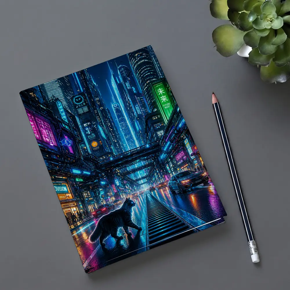 Black Cat Neon Cyberpunk City Street – Notebooks