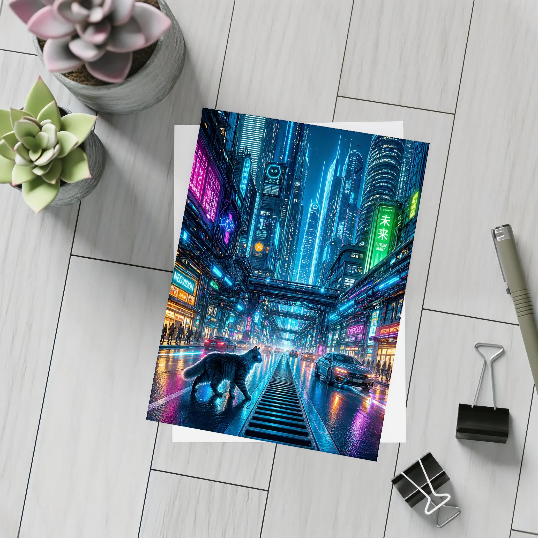Black Cat Neon Cyberpunk City Street – Postcards
