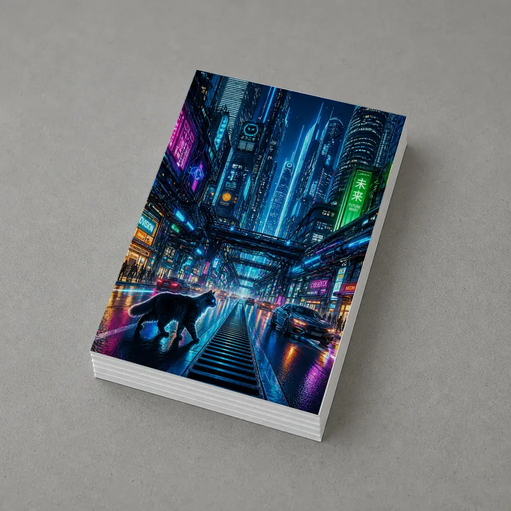 Black Cat Neon Cyberpunk City Street – Postcards