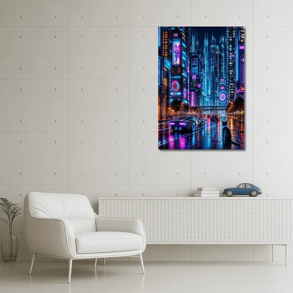 Neon Cat Cyberpunk City Street Night – Wall Art