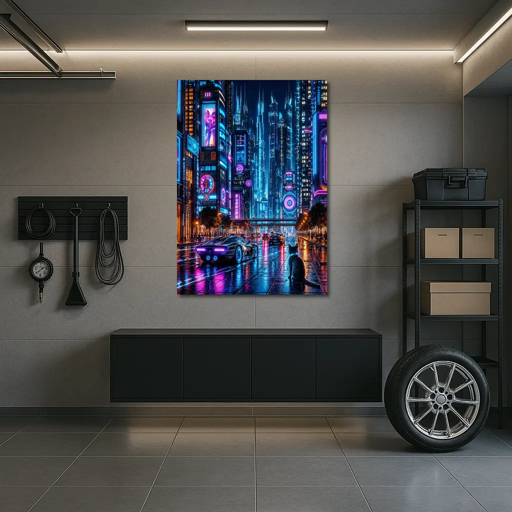 Neon Cat Cyberpunk City Street Night – Wall Art