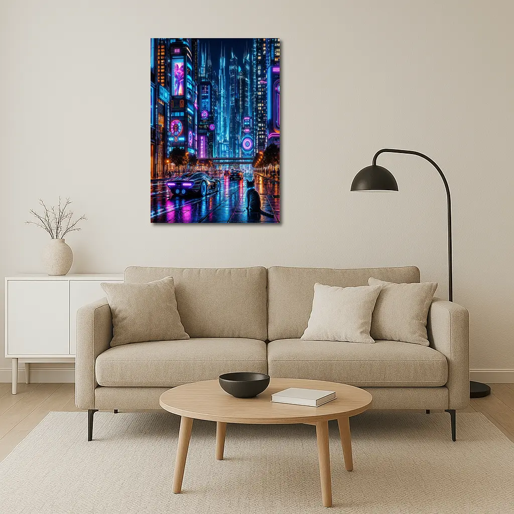 Neon Cat Cyberpunk City Street Night – Wall Art