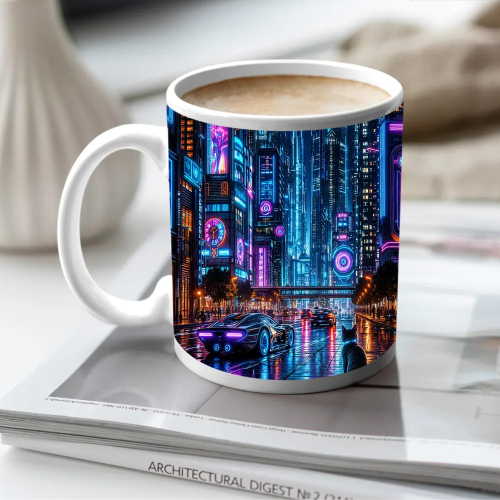 Neon Cat Cyberpunk City Street Night – Mugs