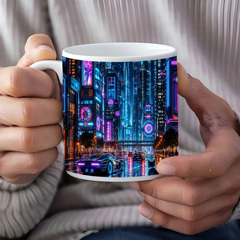 Neon Cat Cyberpunk City Street Night – Mugs