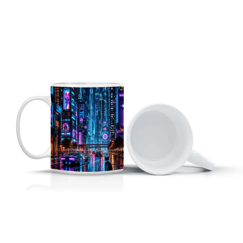 Neon Cat Cyberpunk City Street Night – Mugs