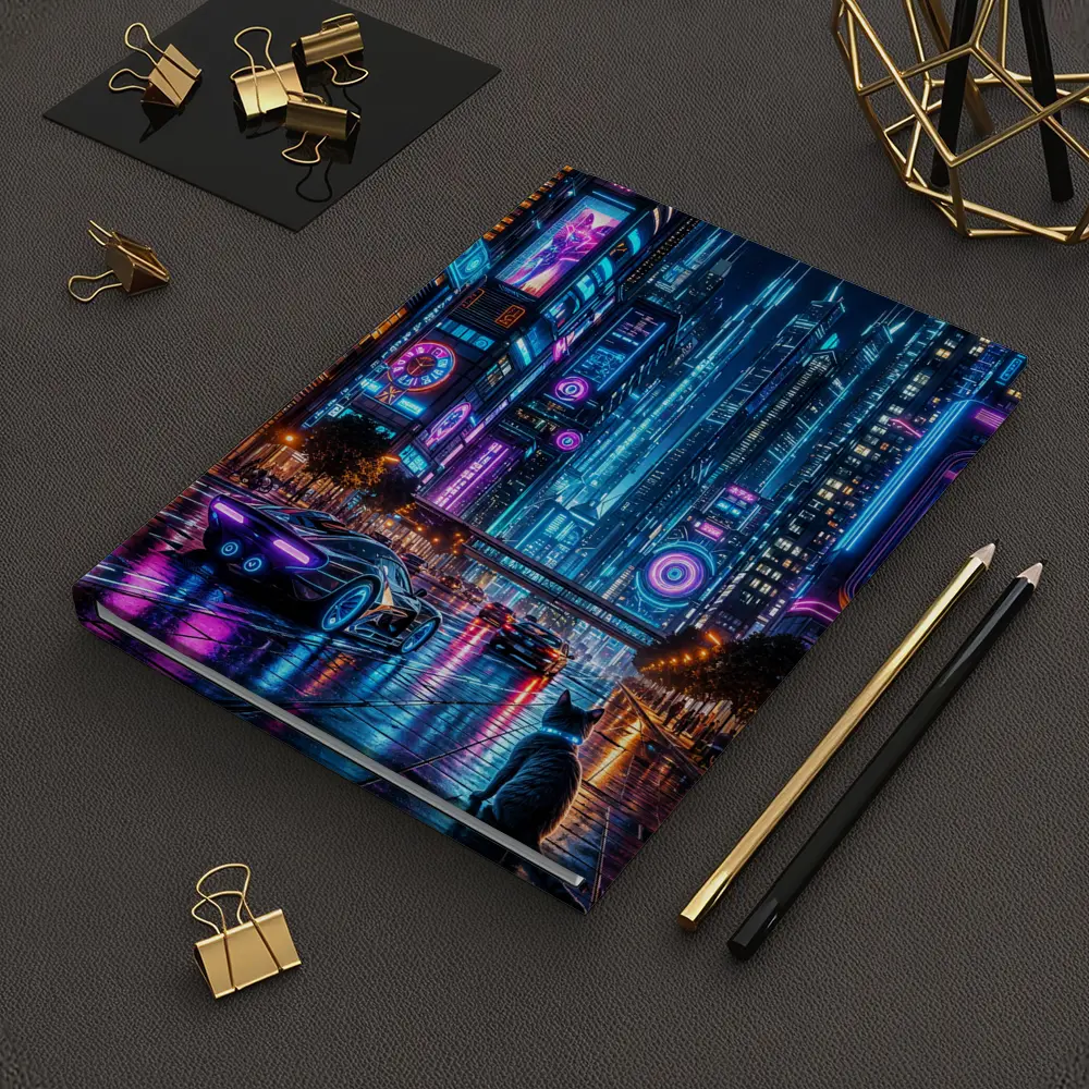 Neon Cat Cyberpunk City Street Night – Notebooks