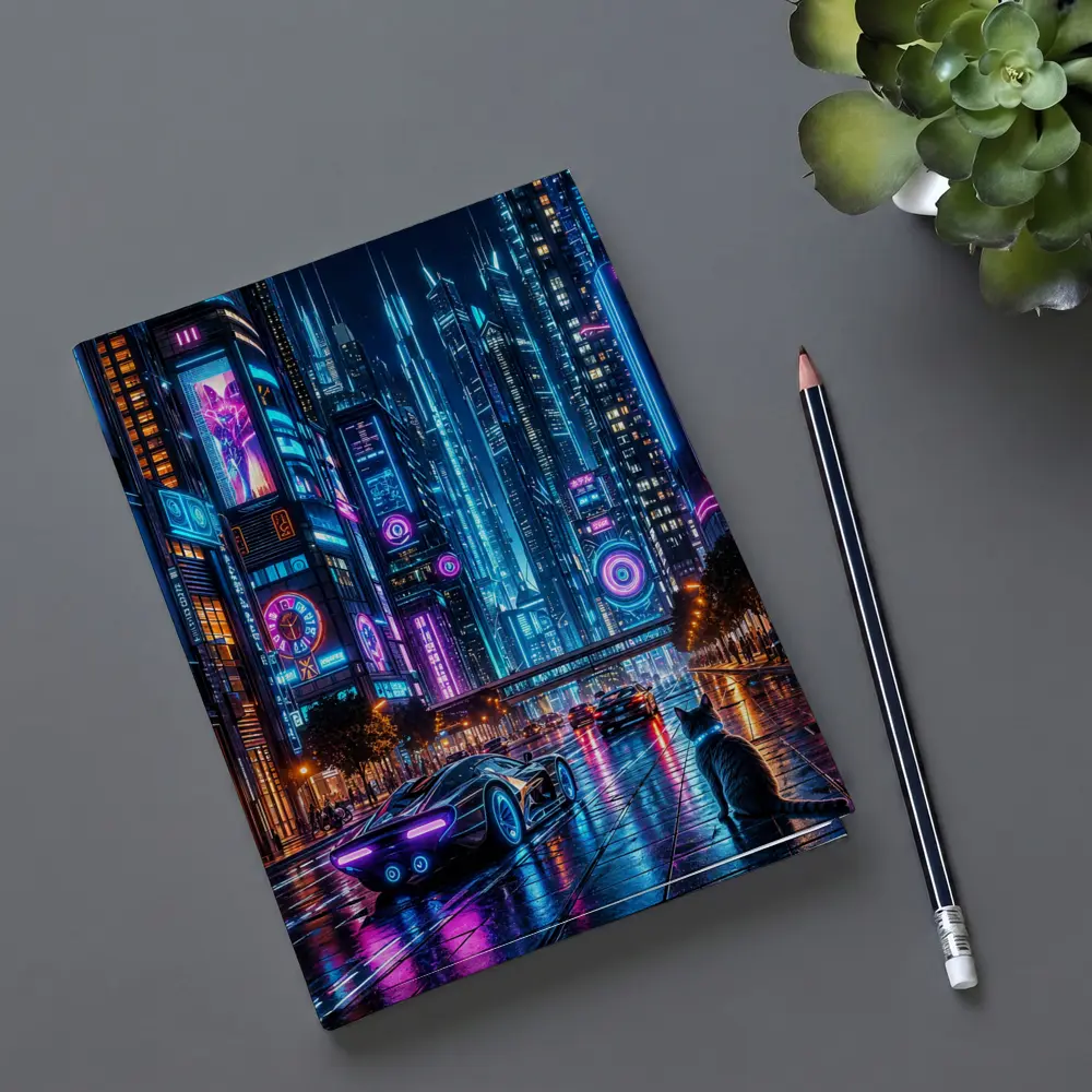 Neon Cat Cyberpunk City Street Night – Notebooks