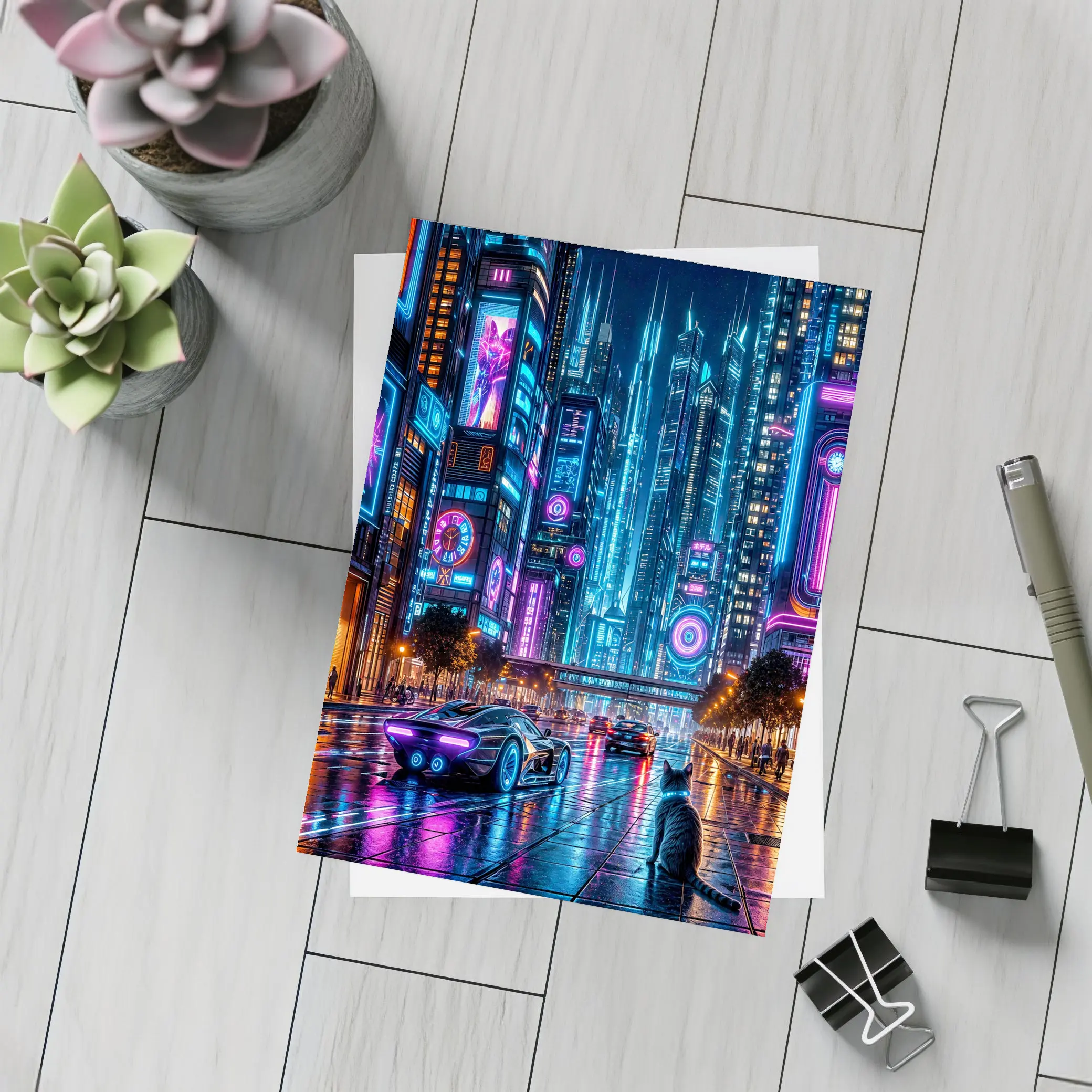 Neon Cat Cyberpunk City Street Night – Postcards
