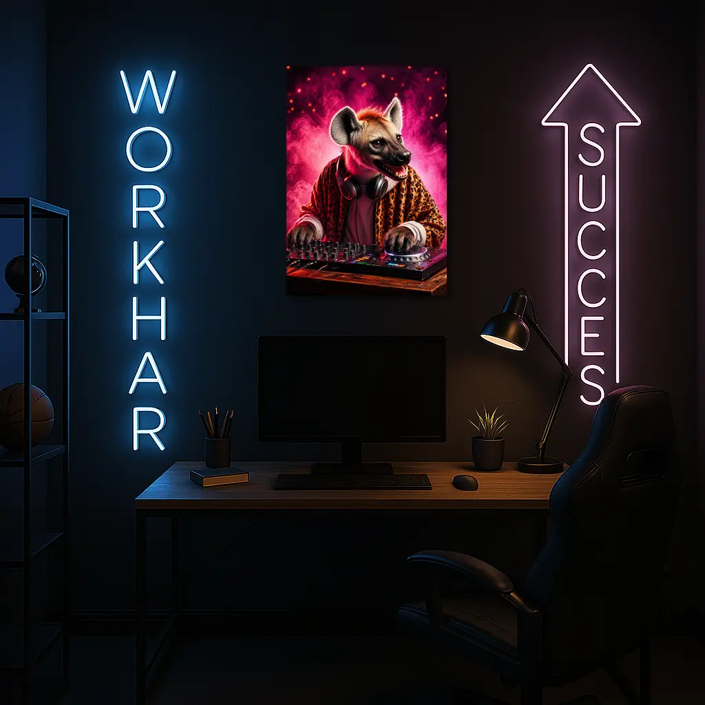 Hyena DJ Mixing Decks Pink Neon Background – Wall Art