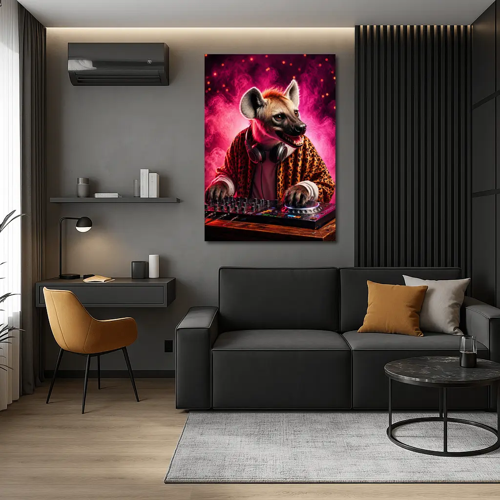 Hyena DJ Mixing Decks Pink Neon Background – Wall Art