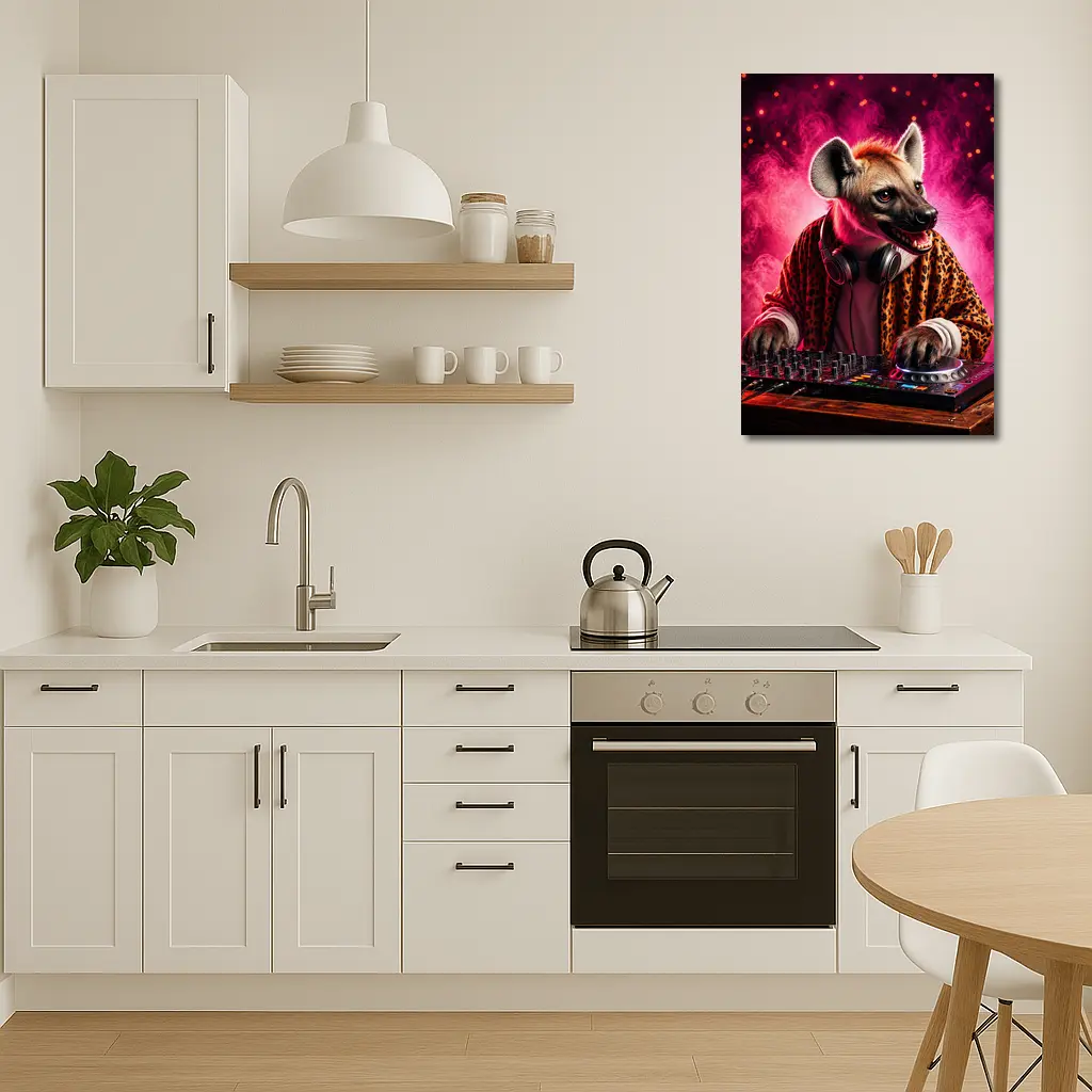 Hyena DJ Mixing Decks Pink Neon Background – Wall Art