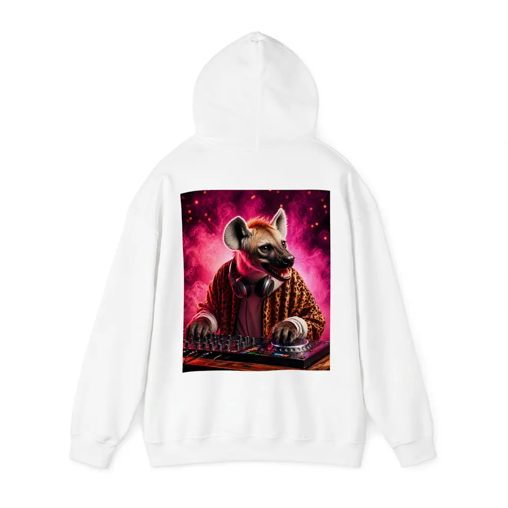 Hyena DJ Mixing Decks Pink Neon Background – Hoodies