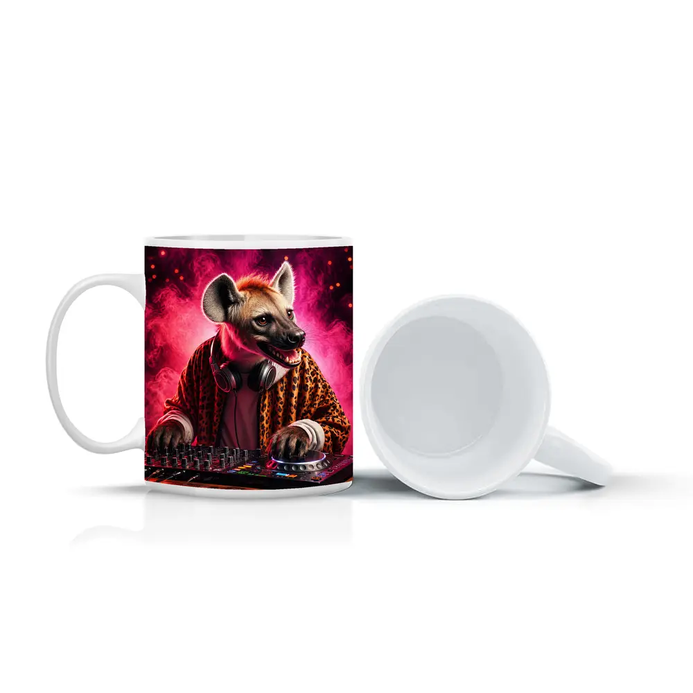 Hyena DJ Mixing Decks Pink Neon Background – Mugs