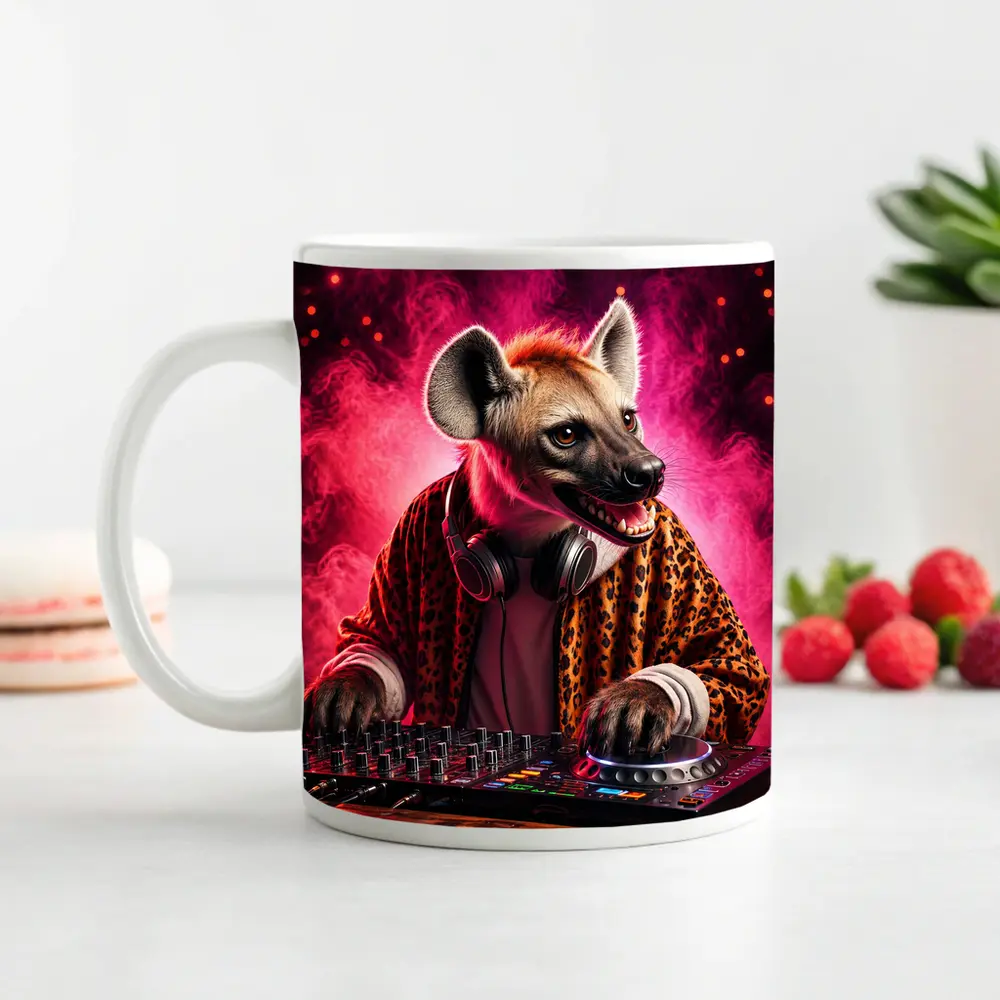 Hyena DJ Mixing Decks Pink Neon Background – Mugs