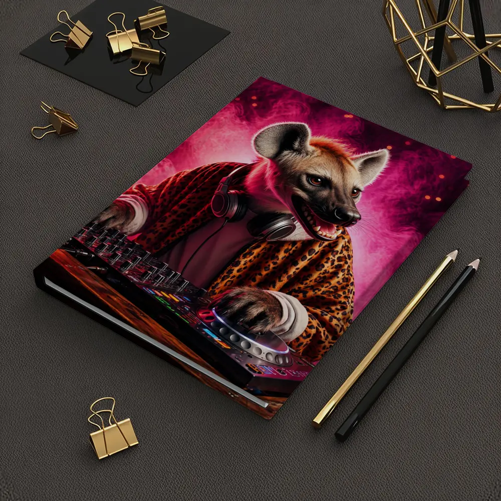 Hyena DJ Mixing Decks Pink Neon Background – Notebooks