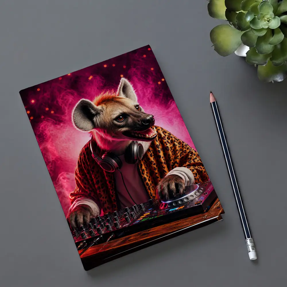 Hyena DJ Mixing Decks Pink Neon Background – Notebooks
