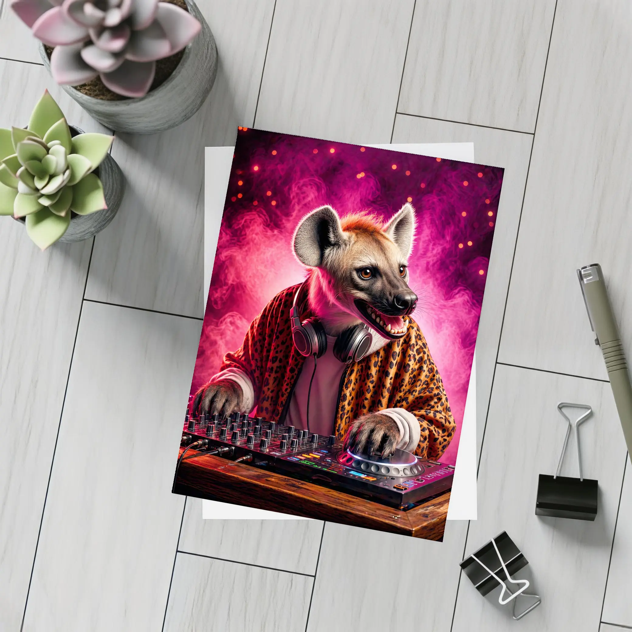 Hyena DJ Mixing Decks Pink Neon Background – Postcards