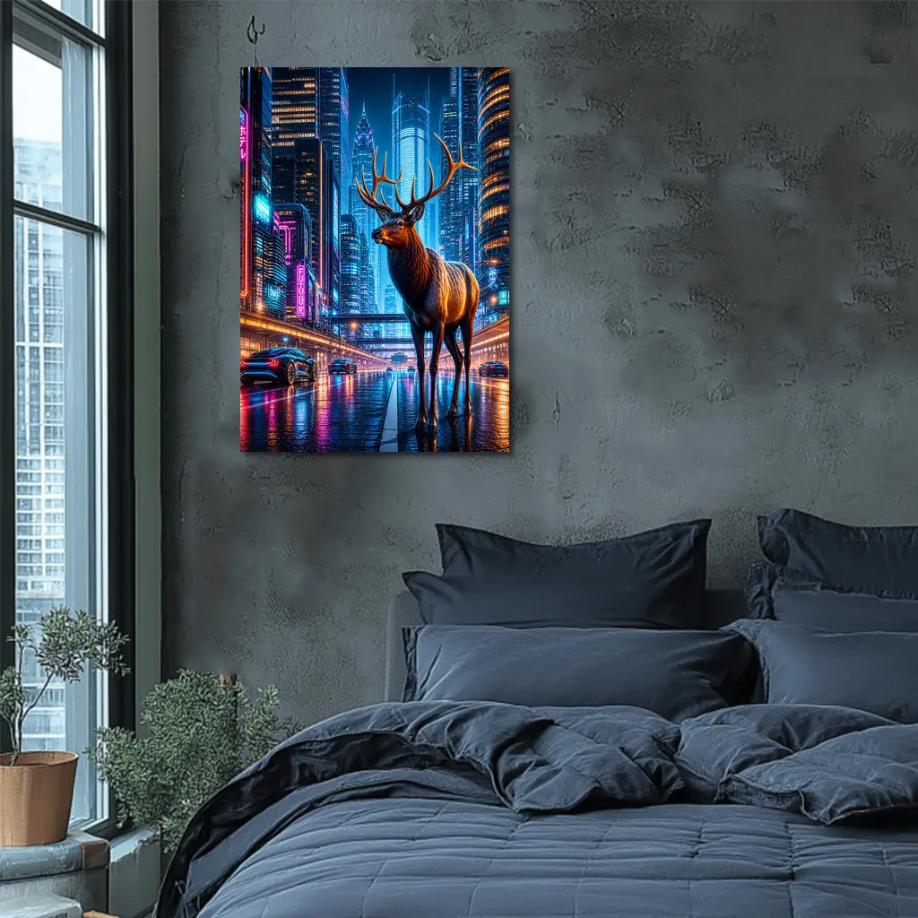 Elk Stag Standing in Neon Cyberpunk City – Wall Art