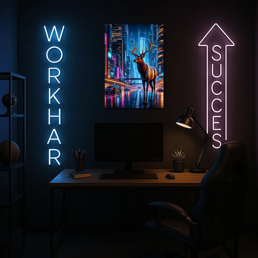 Elk Stag Standing in Neon Cyberpunk City – Wall Art