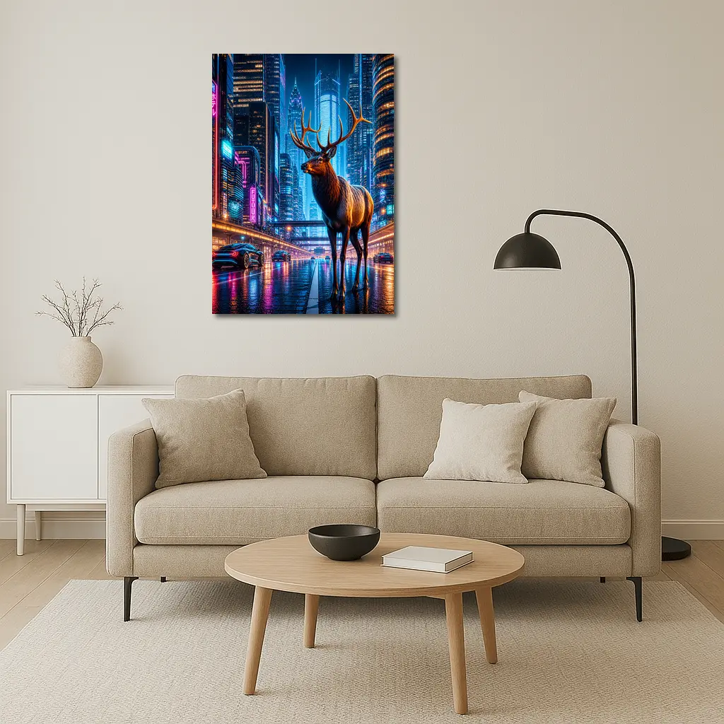 Elk Stag Standing in Neon Cyberpunk City – Wall Art