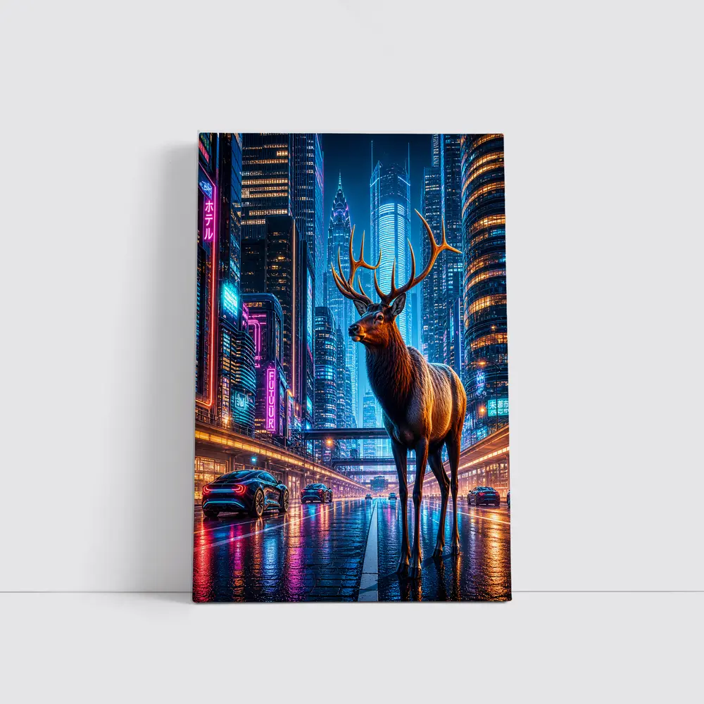 Elk Stag Standing in Neon Cyberpunk City – Wall Art