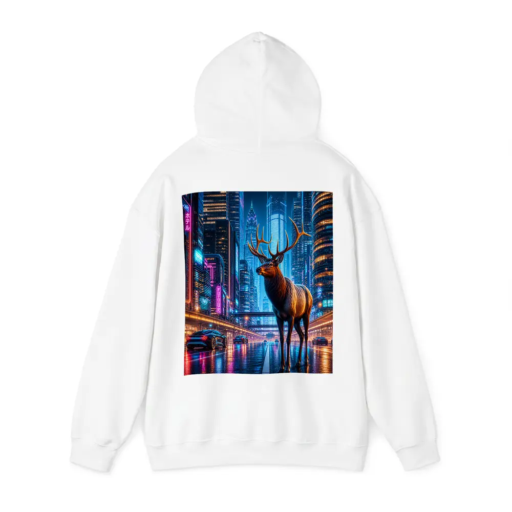 Elk Stag Standing in Neon Cyberpunk City – Hoodies