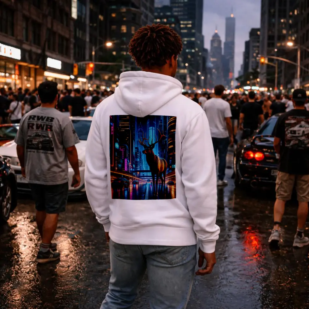 Elk Stag Standing in Neon Cyberpunk City – Hoodies