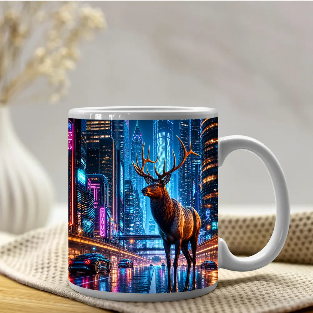 Elk Stag Standing in Neon Cyberpunk City – Mugs
