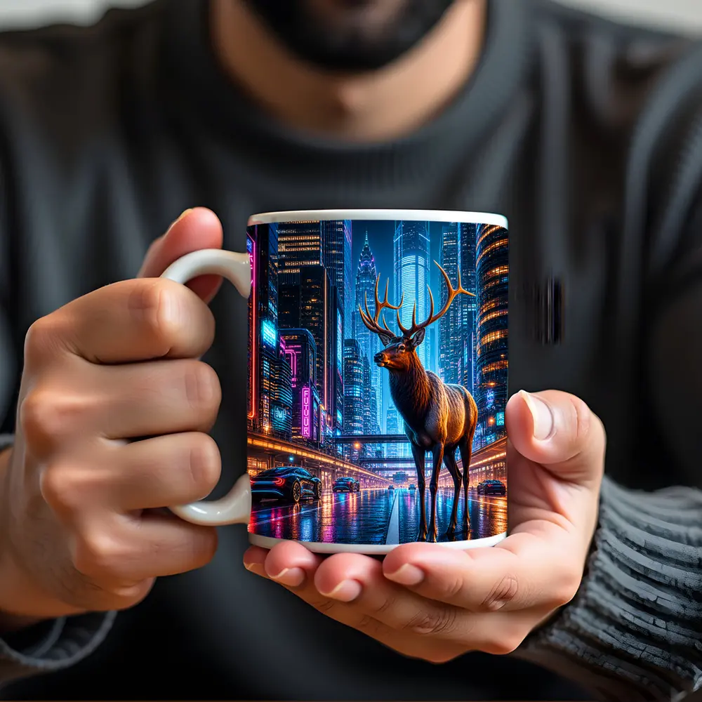 Elk Stag Standing in Neon Cyberpunk City – Mugs