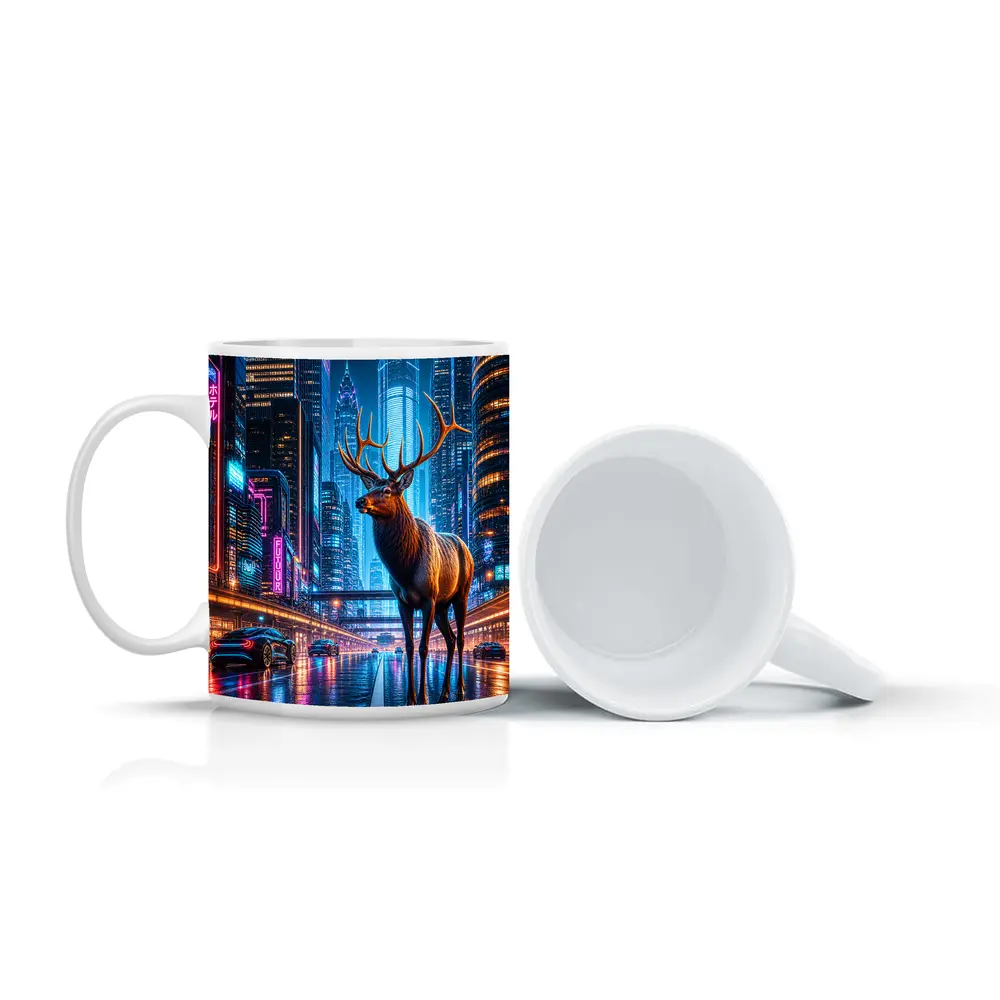 Elk Stag Standing in Neon Cyberpunk City – Mugs